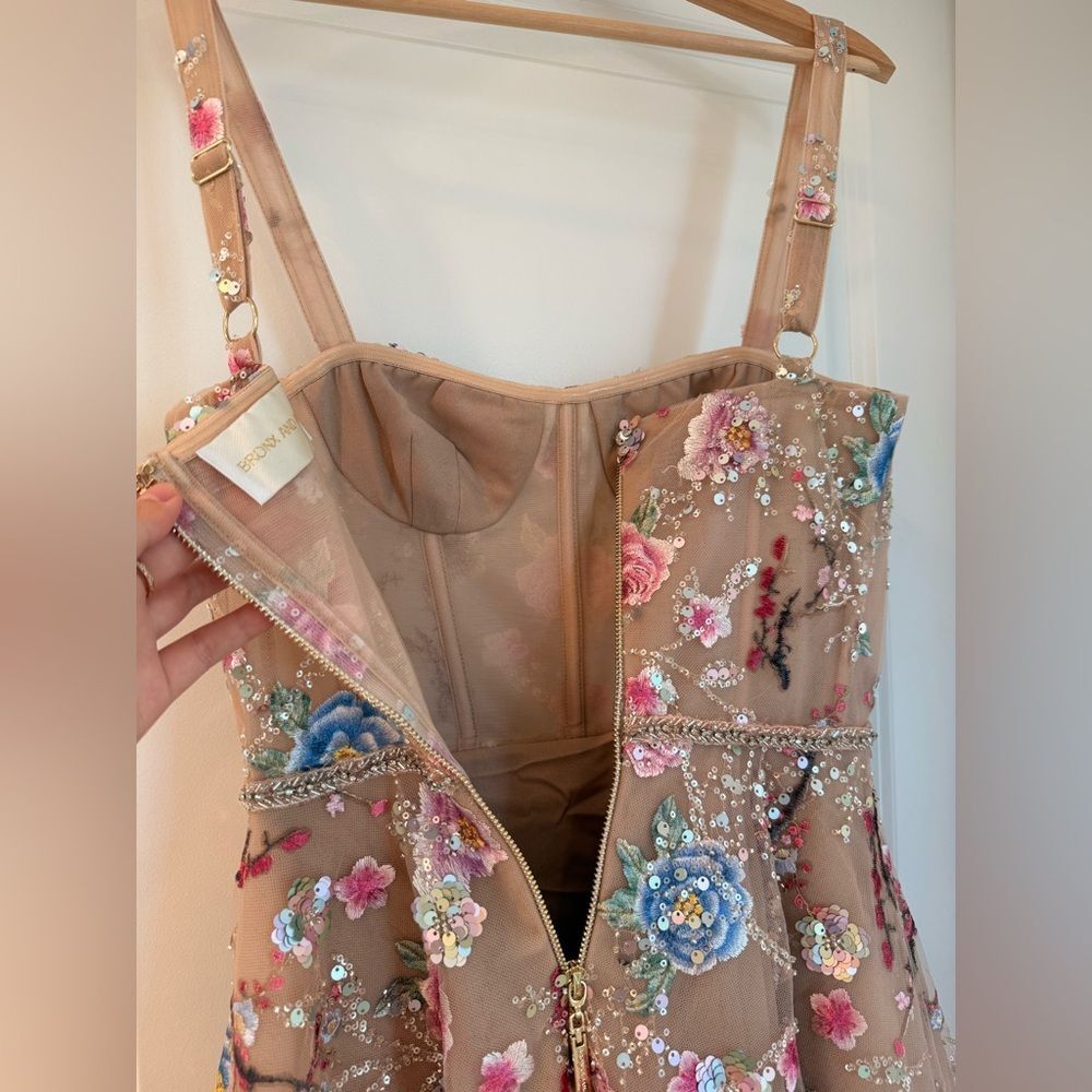 NWOT BRONX AND BANCO Mademoiselle Embroidered Gold Multi Floral Midi Dress - Picture 13 of 15